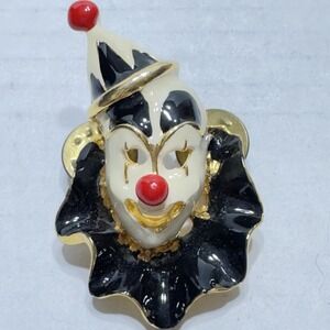 Clown Face Double Pin Brooch Gold Tone Black White Red Enamel Harlequin 2" Vtg